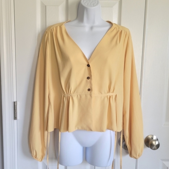 Topshop butter yellow button down shirt with waist tie bows women's size 2 - Picture 5 of 16